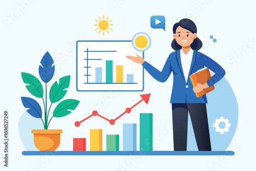 Businesswoman presents business growth charts to indicate increased productivity and profitability in a modern corporate setting during daylight hours