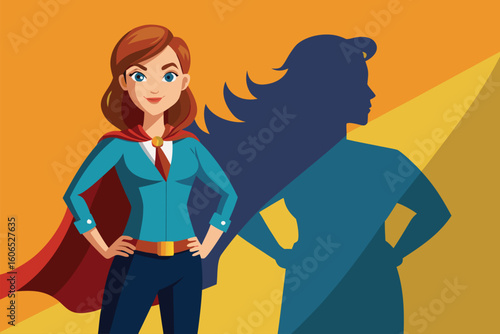 Businesswoman envisions herself as a superhero while dreaming big, embracing her ambitions in a vibrant and inspiring setting