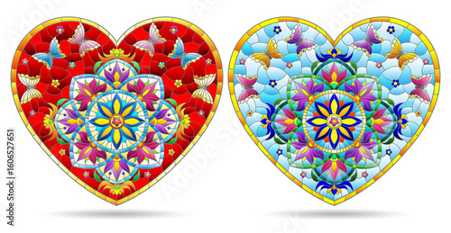 Set of illustrations in the style of stained glass with hearts with butterflies and flowers, isolated on a white background