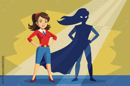 Businesswoman envisions herself as a superhero while standing confidently against a backdrop of bright lights and shadowy figures
