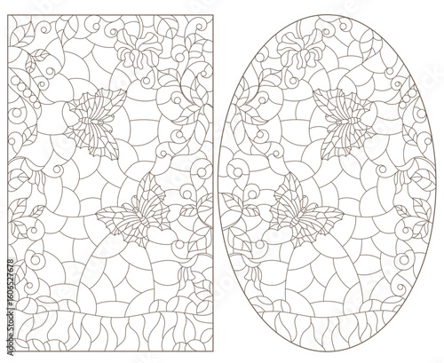 Set of contour illustrations in the style of a stained glass window with butterflies in a meadow