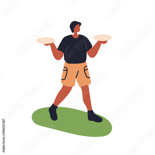 Man walking with street food in hands. Young person carrying, serving plates,...