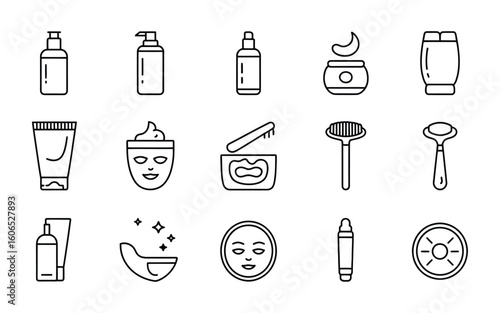 Skincare & Beauty Product Icons: Bottles, Creams, Face Masks, Brushes, Rollers, Cleansers, Cosmetics Vector Set