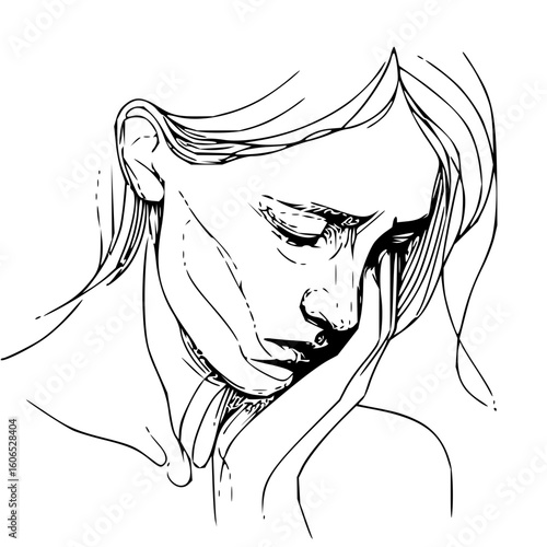 Line art of a woman with flowing hair, eyes closed, hand on face, expressing sadness and vulnerability