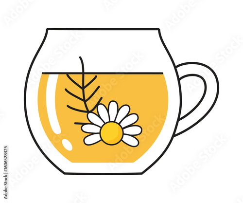 A warm cup of chamomile tea with a flower and herb logo, symbolizing relaxation, wellness, and natural remedies.