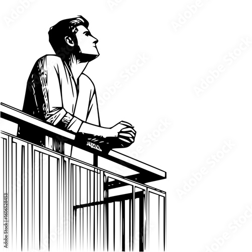 Illustration of a man standing on a balcony looking up with his hands clasped in front of him in black and white
