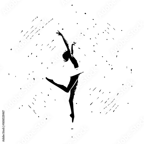 Silhouette of a ballerina in a tutu leaping with arms raised amidst abstract black shapes on white
