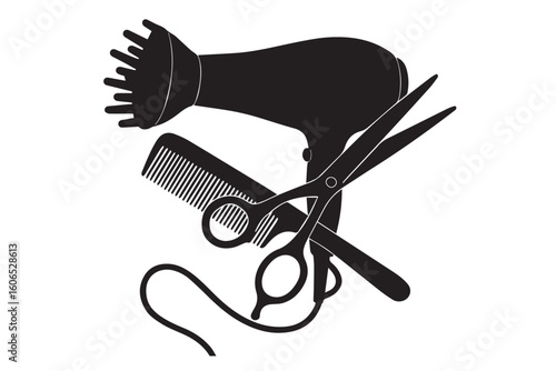 Silhouette of Hairdressing Tools, Including Scissors, Comb, and Hair Dryer, Black and White Design for Beauty and Salon Services, beauty salon hair cutting concept