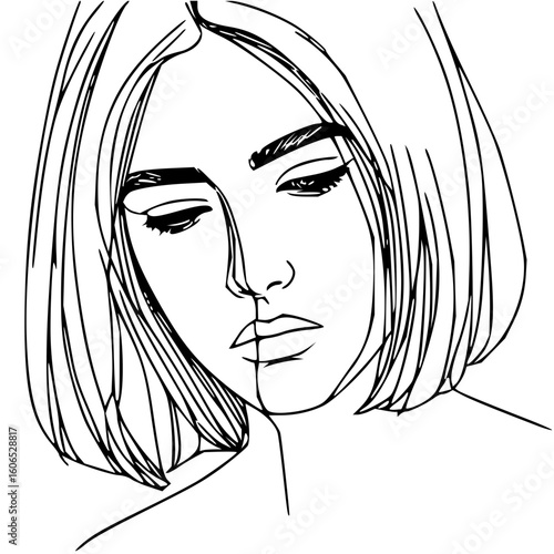 Line art illustration of a woman with short hair looking down with a melancholic expression on her face