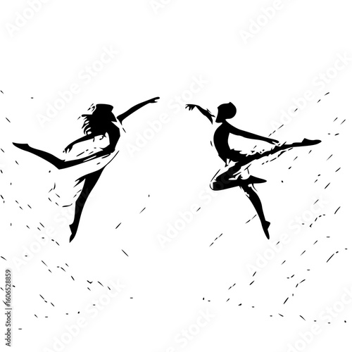 Two stylized dancers in black silhouette performing a synchronized dance on a white background art piece