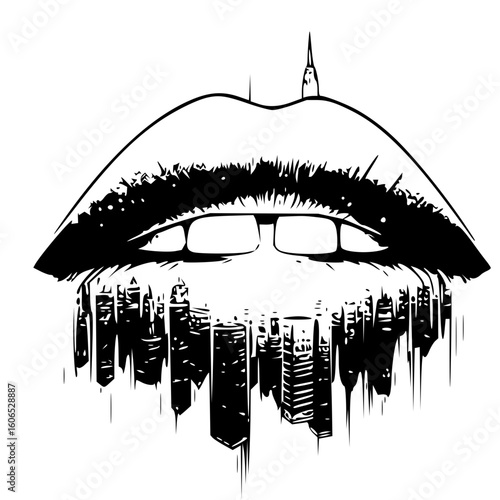 Illustration of lips with a cityscape hanging below in black and white artistic representation of urban life