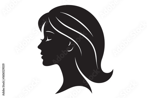 Elegant Silhouette of a Woman with Flowing Hair, Minimalist Black and White Design for Beauty and Fashion Branding, beauty salon hair cutting concept
