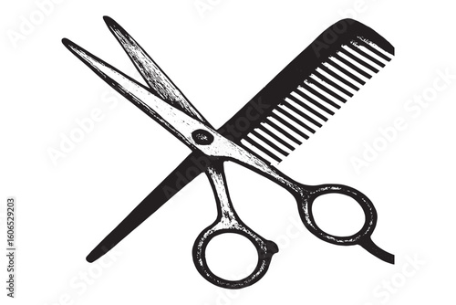 Stylized Barber Tools Scissors and Comb Crossed in Tattoo Art Style, Ideal for Barbershop and Hairdressing Services, beauty salon hair cutting concept
