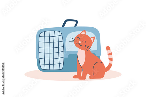 A cat in the carrier6. Concept of travel with pet. Illustration of a cat sitting nearby the carrier. Vector flat clipart.