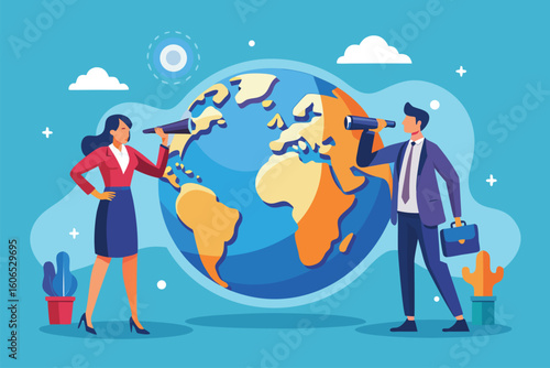 Business professionals analyze global opportunities using binoculars to explore prospects represented on a globe in a colorful office environment