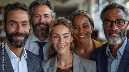 Diverse group of 5 business people, all smiling warmly at the viewer