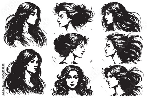 Monochrome Hair Portraits with Flowing and Curly Hairstyles, Elegant Black and White Line Art for Beauty and Hairstyling Branding, beauty salon hair cutting concept