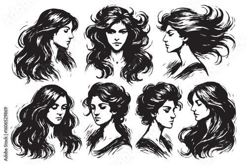 Stylized Black and White Hair Portraits of Women with Various Hairstyles, Ideal for Haircare, Beauty, and Fashion Branding, beauty salon hair cutting concept
