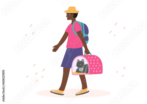 Traveler man with pet cat in the carrier. Concept of travel with pet, summer vacation. Vector flat clipart.