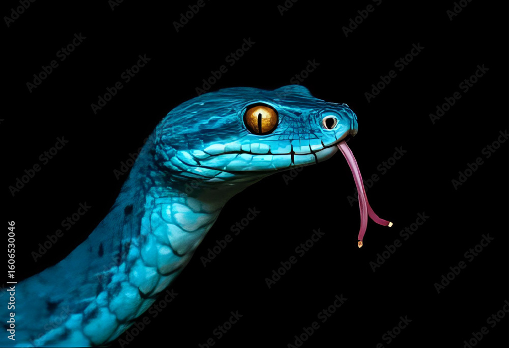 Fototapeta premium the head of a blue snake with golden eyes on a black background