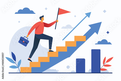 Man climbing stairs to reach business growth, holding a flag in hand, illustrating progress and success in a clear and motivational manner