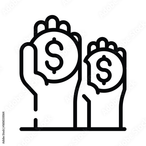 Two Hands Holding Dollar Coins Line Art Illustration