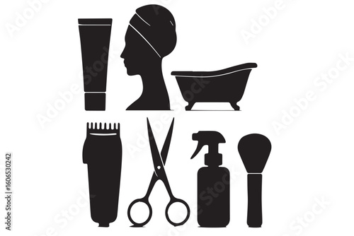 Minimalist Beauty Silhouettes of Hair and Skincare Tools Including Scissors, Comb, Hair Clipper, and Shampoo, Ideal for Beauty and Haircare Branding, beauty salon hair cutting concept