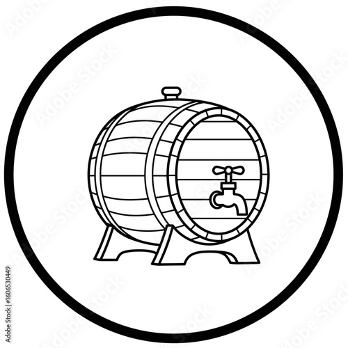 Detailed Line Art of a Wooden Barrel with Spigot Inside Circle