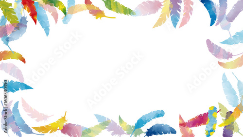 手描き水彩のカラフルな羽がふわふわと舞う（16:9）1 Hand-Drawn Colorful Feathers Falling Softly from Above