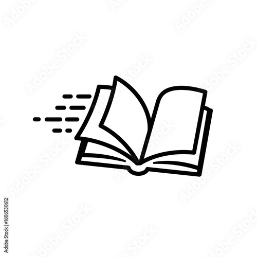 Open Book Icon with Motion Lines, Black Outline, Reading Concept