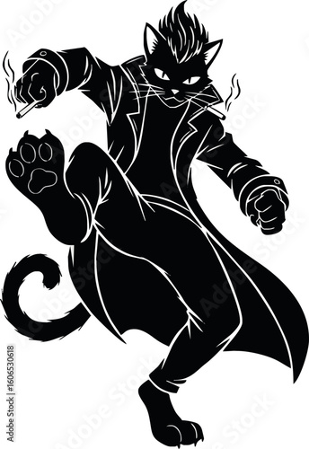 A black silhouette of a cool, anthropomorphic cat wearing a trench coat and smoking, captured mid-action with one leg raised.