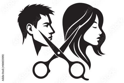 Vintage barbershop logo with man and woman silhouettes, professional barber shop emblem with hair scissors and comb illustration, beauty salon hair cutting concept