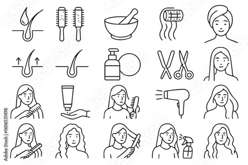 Minimalist hair care infographic showcasing tools like combs, blow dryers, hair serums, scissors, and hair treatments for healthy and beautiful hair, beauty salon hair cutting concept