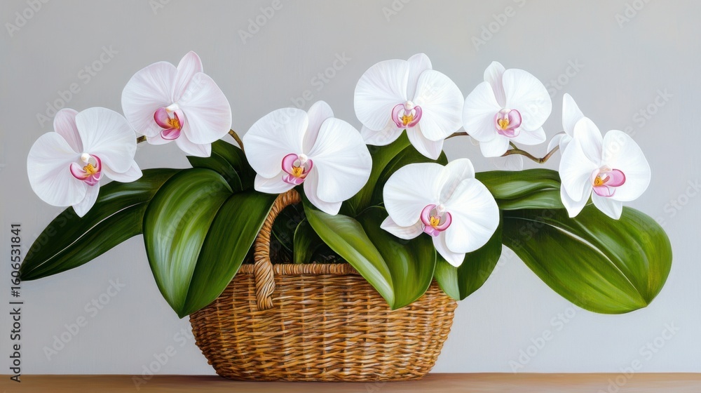Obraz premium Delicate white and pink orchids in a wicker basket with large glossy leaves