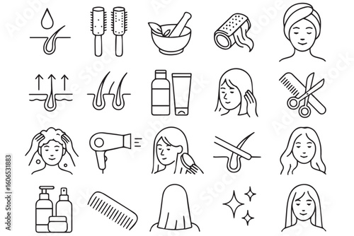 Illustration of hair care essentials including hair products, tools, and techniques like blow drying, cutting, and styling for healthy hair maintenance, beauty salon hair cutting concept