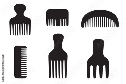 Various black hair comb silhouettes, showcasing different types for styling, detangling, and grooming, perfect for hair care routines, beauty salon hair cutting concept