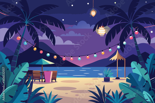 Vibrant beach party vector illustration featuring tropical elements and colorful lights under a night sky with palm trees