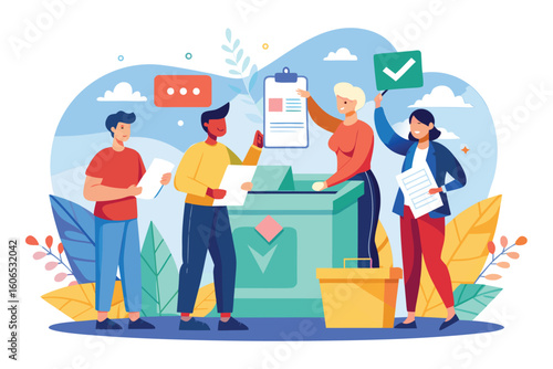 Voting group collaborates enthusiastically to make decisions during an election process while engaging in discussion and participation