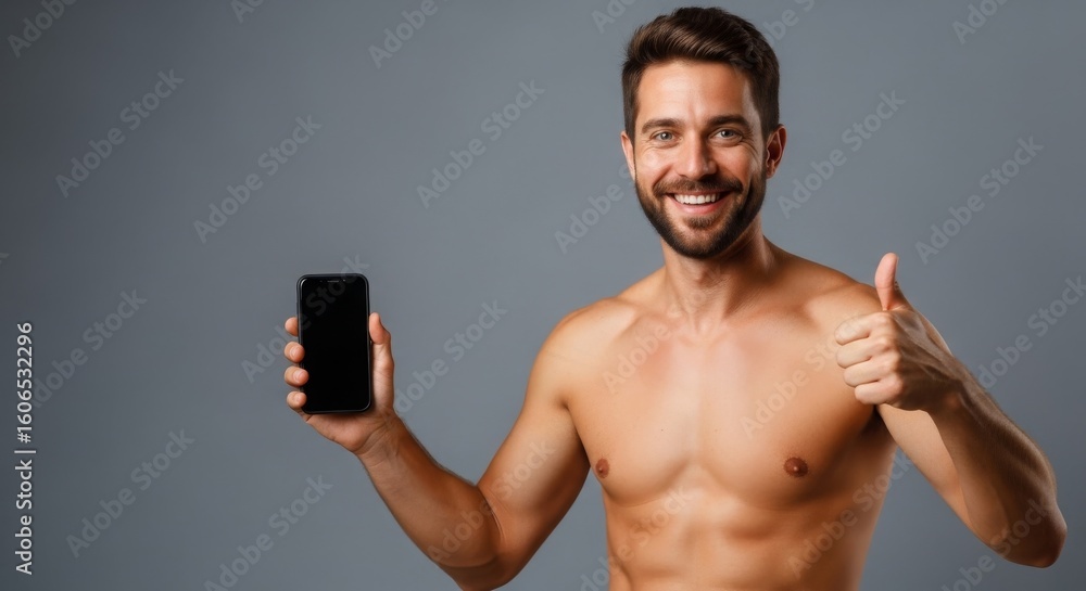 Fototapeta premium Smiling man holding a smartphone while giving a thumbs-up against a gray background