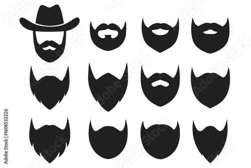 Variety of beard styles and shapes, from mustaches to full beards, displayed as silhouettes for grooming and facial hair inspiration, beauty salon hair cutting concept