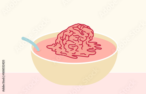 Brain melting in bowl of soup, odd surreal illustration