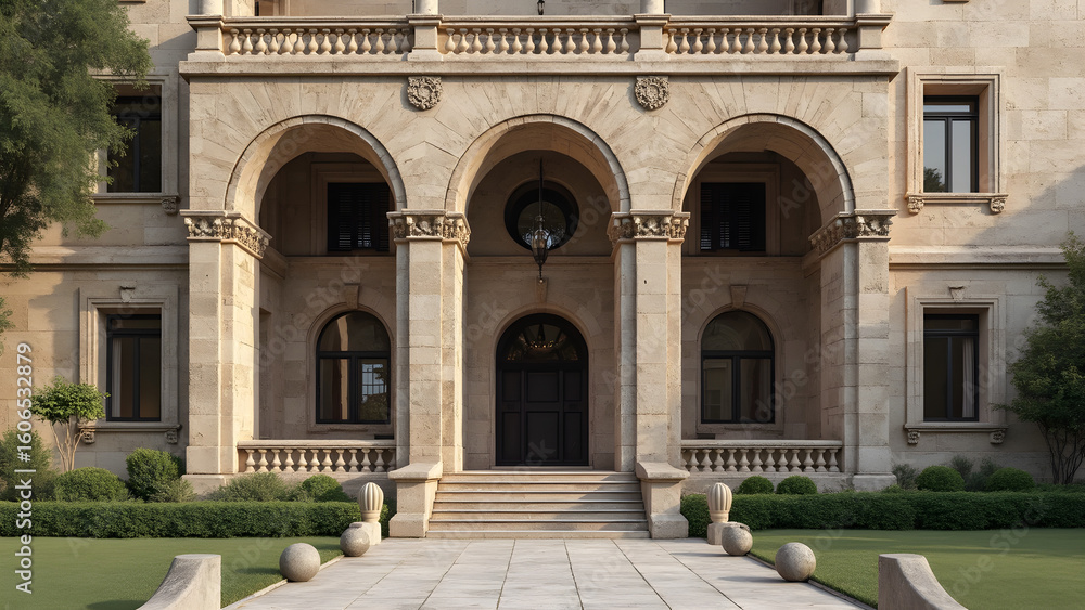 Fototapeta premium symmetrical view of historical building facade. ultra-realistic architectural design. stunning facade details and symmetry. explore iconic historical architecture styles.