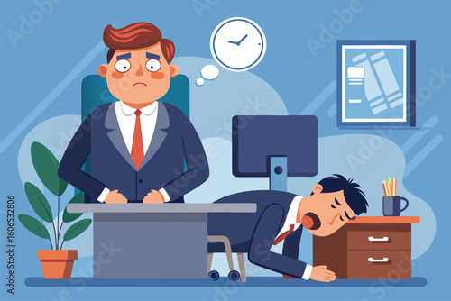 Office worker struggling to stay awake while boss looks on disapprovingly in a corporate setting during work hours