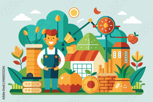 Cartoon illustration depicting agricultural economics with a farmer, crops, and various farming elements in a colorful, isolated landscape
