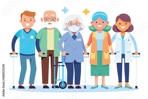 Group of aged individuals with assistive devices gathered together for support and companionship in a bright and cheerful setting