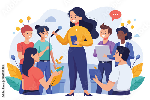 Active female speaker addressing a group of engaged listeners during an interactive discussion in a vibrant outdoor setting