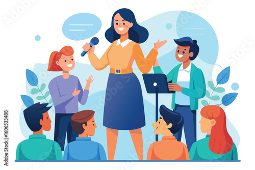 Engaging female speaker addresses enthusiastic audience while holding microphone in vibrant setting