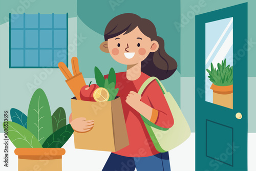 Young girl carries fresh groceries while returning home from the supermarket on a sunny day