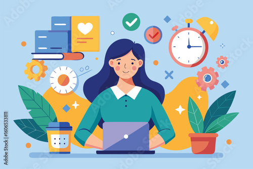 Woman managing time effectively while working on a laptop in a productive and colorful workspace surrounded by plants and educational materials