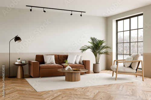 Modern Living Room with Cozy Furnishings, a blend of natural elements, featuring a stylish sofa, sleek decor, and abundant natural light. 3d render.